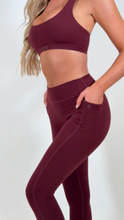 SculptFit Pocket High Waisted Seamless Gym Leggings - Burgundy Long
