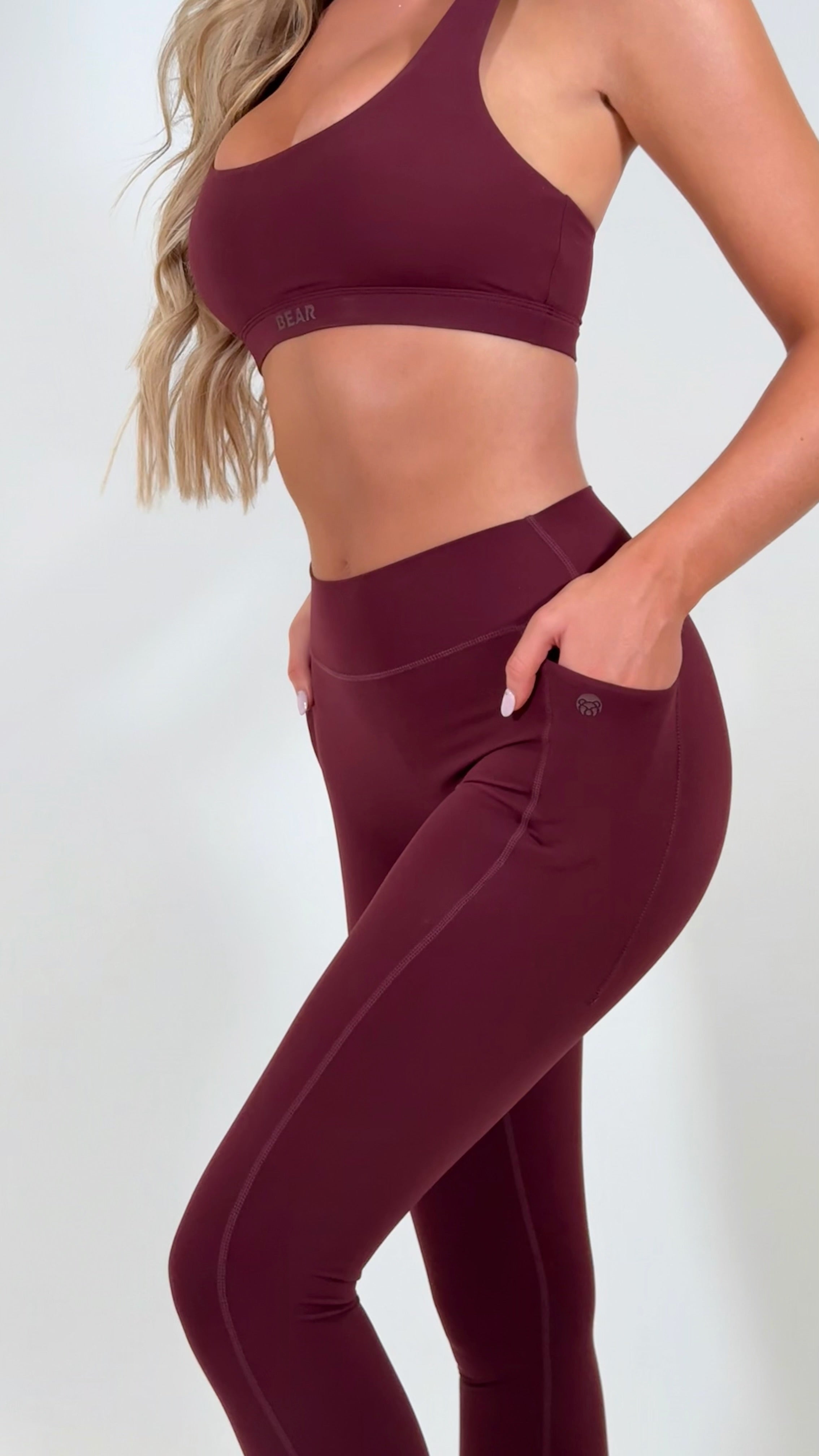 SculptFit Pocket High Waisted Seamless Gym Leggings - Burgundy Long